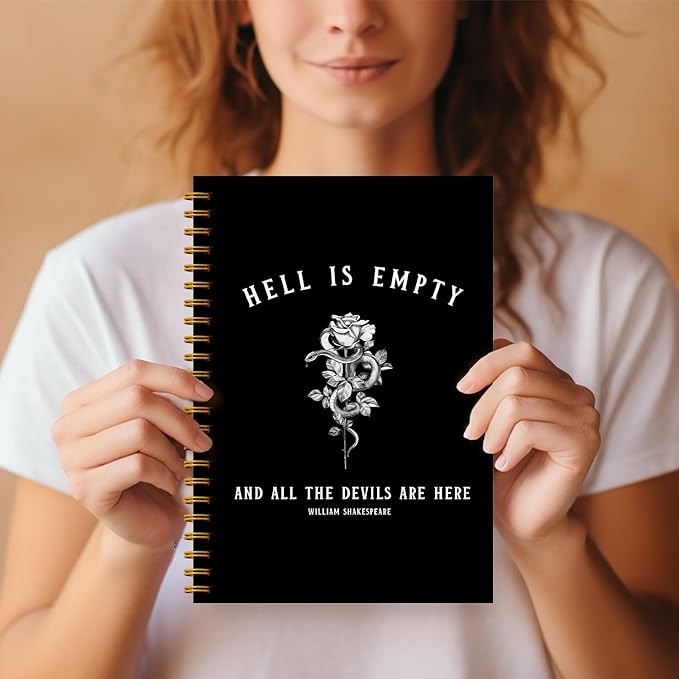 Hell is Empty Shakespeare Quote Dark Academia Aesthetic Notebook Journal, Gothic Floral Snake Notebook Journal, Gothic Gifts for Women, Goth Office Supplies, Spiral Notebook 5.5x8.3 Inch