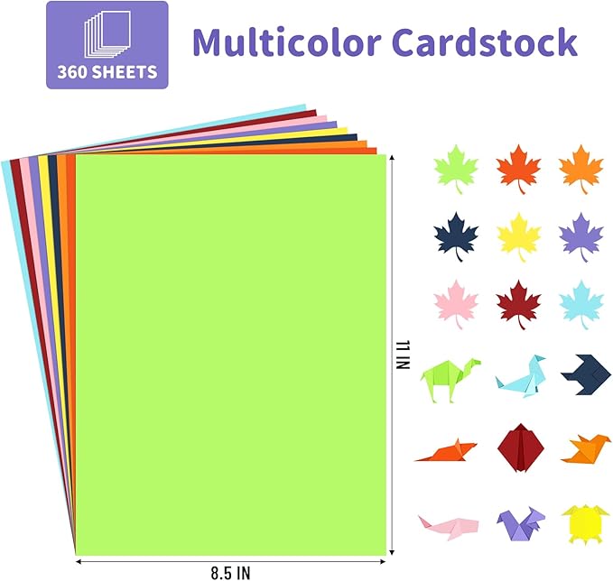 360 Sheets Colored Cardstock 8.5" X 11", 9 Assorted Colors Construction Paper 200 GSM Card Stock Printer Paper 8.5 x11 for Scrapbook, Cricut, Card Making, DIY Crafts, School Supplies,Party Decorations
