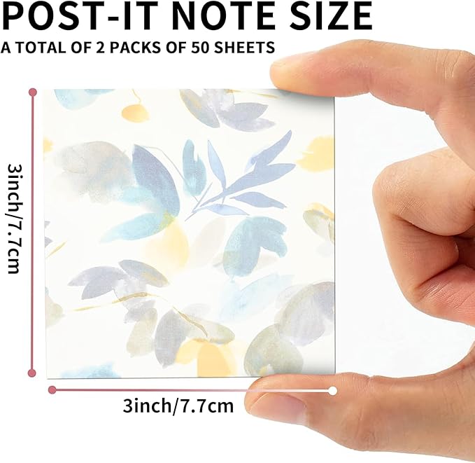 2 Pack Sticky Notes 3x3 Inches, Bright Cute Strong Sticking Power, Easy to Post for Home, Office, 80sheets/Pads, Ink Wash Leaves
