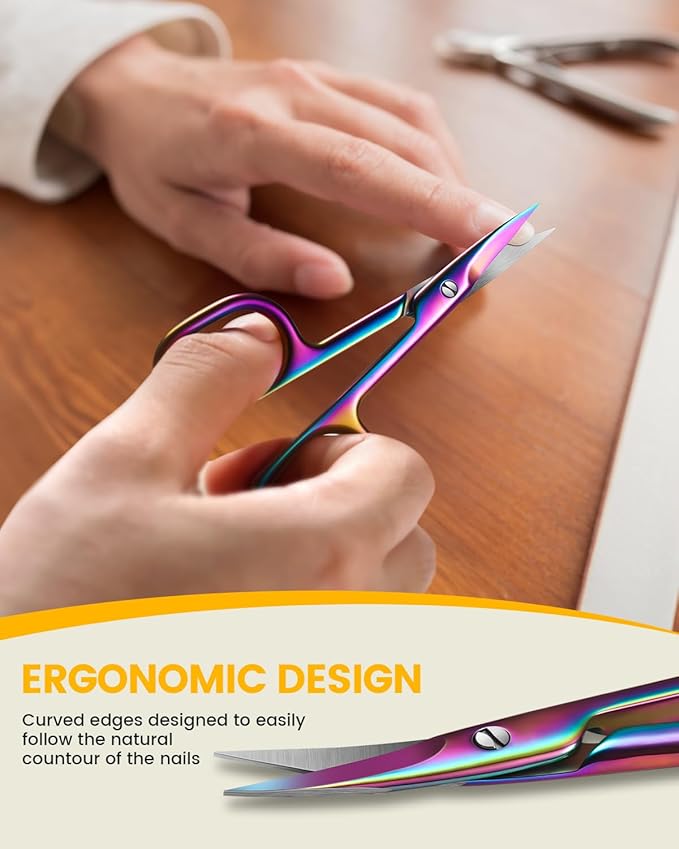 BEZOX Curved Nail Scissors – Fingernail Toenail Scissor for Women, Small Manicure Scissors for Thick Nails, Ultra-Sharp Curved Blades for Precision Grooming - Rainbow