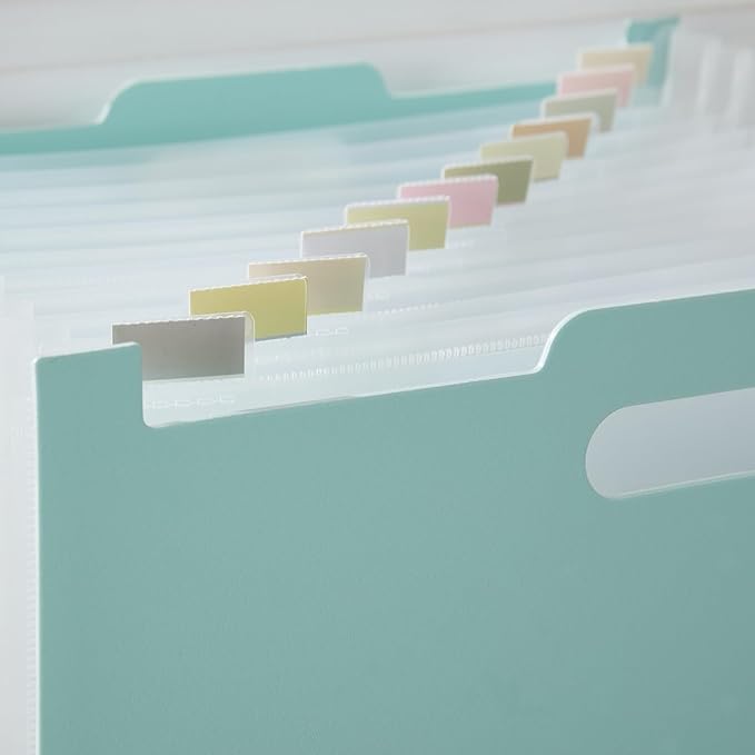 Y YOMA 2 Pack Accordion File Organizer with Handle 12 Pockets Expanding File Folder with Removable Tabs for A4 Letter Size Paper Portable Plastic Filing Organizer Bill Receipt Holder, Mint Green