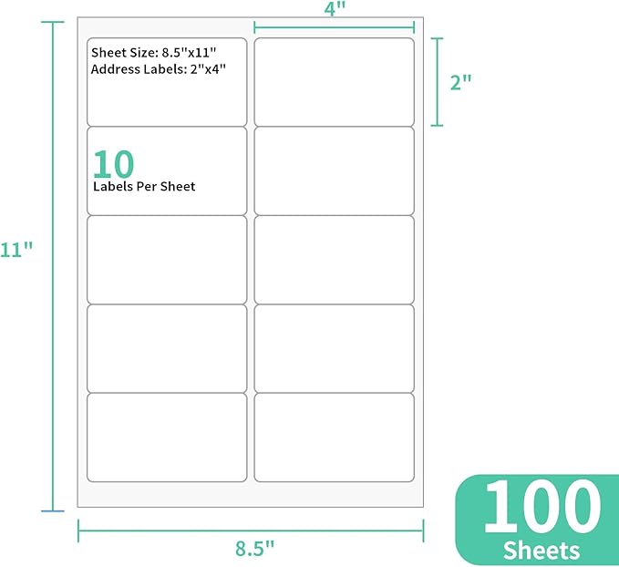 100 Sheets 10 up Labels Mailing Blank Labels, 2" x 4" Sticker Printer Paper for Laser/Inkjet Printer, Self Adhesive Customized Stickers