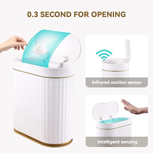 ELPHECO Bathroom Trash Can with lid 2.5 Gallon Waterproof Motion Sensor Wastebasket, Automatic Trash Bin Bathroom Decor for Bedroom and Office White with Golden Trim