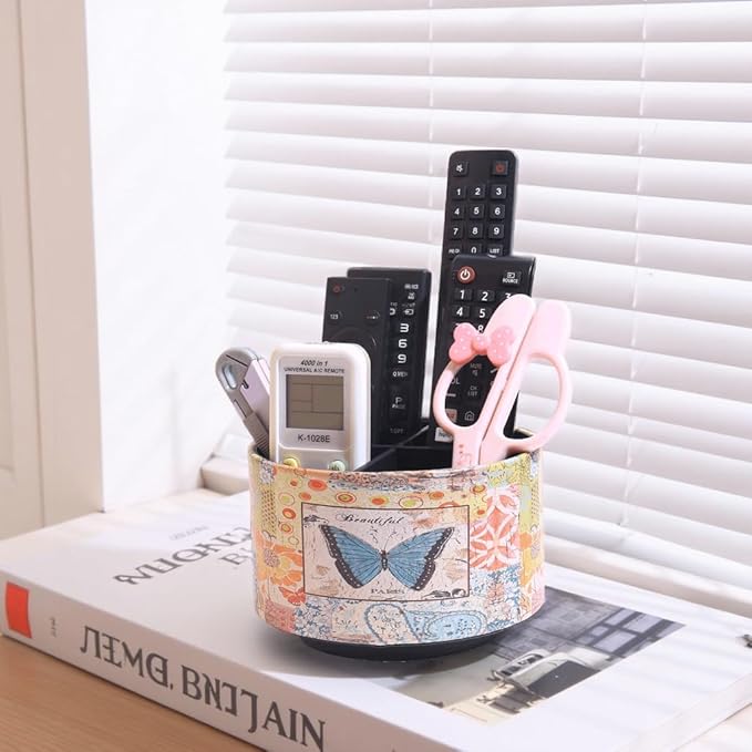 360° Rotate Desk Pen Organizer, Makeup Brush Holder Organizer, Makeup Organizers Countertop, TV Remote Control Holder,Leather Remote Caddy,Dual-Purpose Art Supply Pencil Cup (Blue Butterfly)
