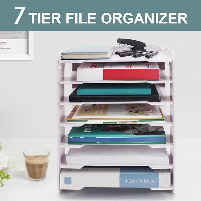 SONGWAY Paper Storage Organizer for Desk - 7 Tier Horizontal Paper Sorter Organizer, Letter Mail Tray, File Folder Holder Rack, White Desk File Organizer for Home Office