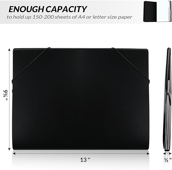 SKYDUE Accordion File Organizer, 5 Pocket Expanding File Folders with Pockets, Document Organizer, Portable Paper Organizer，School Office Supplies Black