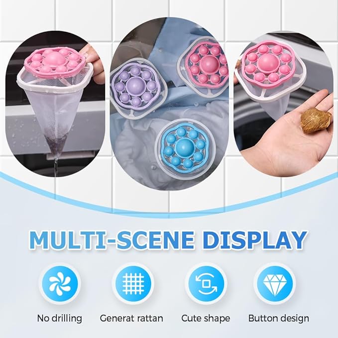 3PCS Floating Hair Filtering Mesh Removal, Reusable Lint Catcher for Washing Machine Wool Device, Pet Hair Remover Hair Filter Cleaning Mesh Bag (Blue)