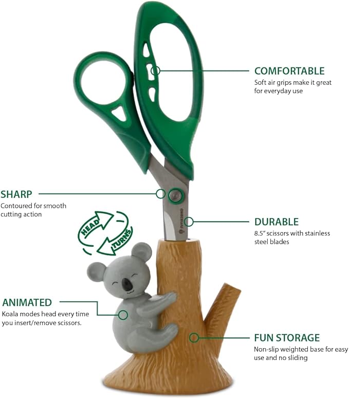 Amazeko Scissors with Animated Koala Holder, 8.5” Stainless Steel Blades, Comfortable Soft Air Grip Handles, Fun Animal Desk Decor with Non-Slip Weighted Tree Base