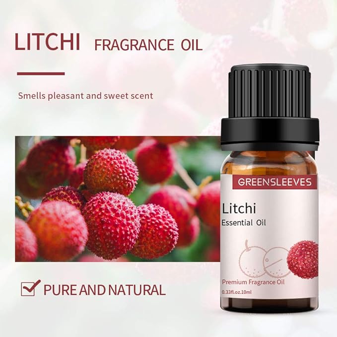 GREENSLEEVES Litchi Essential Oil, 10ml Pure Plant-Based Fragrance Oil for Aromatherapy, Essential Oils for Diffuser, Air Freshener, Massage, Bath Bomb, Scented Candle Soap Making