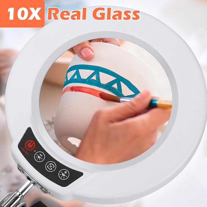 10X Magnifying Glass with Light and Stand, Real Glass Lens Desk Lamp, Lighted Magnifier with Light Stepless Dimming Hands Free for Craft, Reading, Painting, Sewing, Solder - White