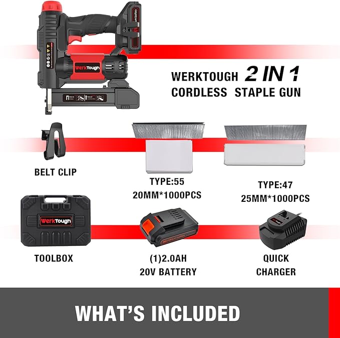 20v Cordless Staple Gun Brad Nailer 2 in 1 Aluminum Metal magzine 1 Hour Fast Charger 2000mA Lithium Battery 2000pcs Free Staples(90 4/5”1000+18GA 1”x1000) in Tool Case