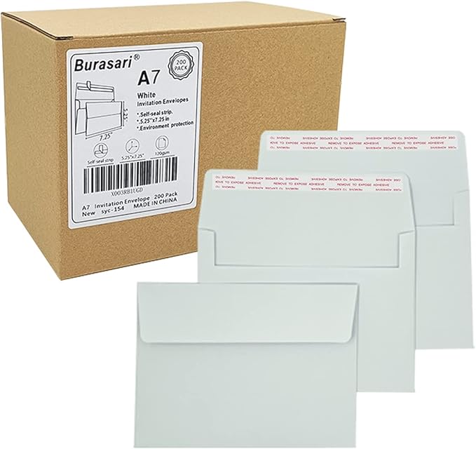 A7 Invitation Envelopes (200 PCS) - 5.25x7.25 in Windowless Design, 120GSM White Paper, Printable Quick Self-Seal for Greeting Cards, Photos, Invoices