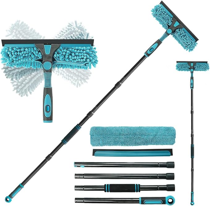 Buysenton Professional 2-in-1 Window Squeegee Cleaner Tool with 62" Extension Pole, Rotatable Bendable Head & Scrubber, Car Glass Cleaning Kit for Windows, Shower, Gas Station - 1 Blade 2 Scrubber