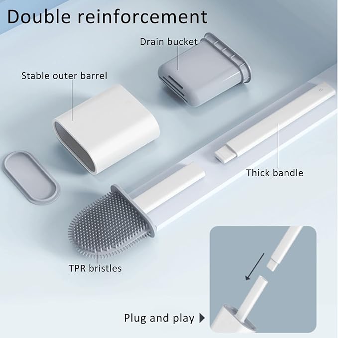 Toilet Brush, Silicone Toilet Bowl Brushes and Holder for Bathroom, Compact Flexible Toilet Cleaner Brush with Ventilated Drying Holder, Wall Mounted/Floor Standing