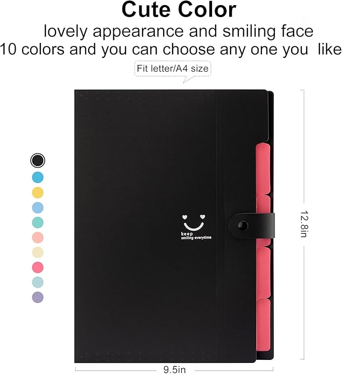 Forvencer Accordion File Organizer, Letter Size, 5 Pocket Expanding File Folder, Cute File Folder with Labels, Portable File Organizer for School Office Supplies, Folders for Documents, Black