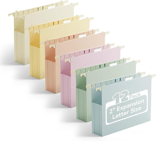 Ansook Plastic Hanging File Folders Letter Size,Heavy Duty 2" Extra Capacity File Folder with Tabs,12 Pack File Cabinet Folders for Documents,Morandi Colored File Folders for Home and Office Bulk File