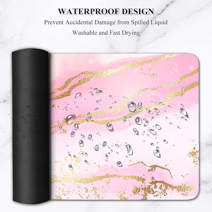 Extended Gaming Mouse Pad (31.5x11.8 in), Large Non-Slip Rubber Base Mousepad,Keyboard Mouse Mat Desk Pad for Work, Game, Office, Home -Rose Gold Watercolor Stripes Pink Marble（NO Glitter）