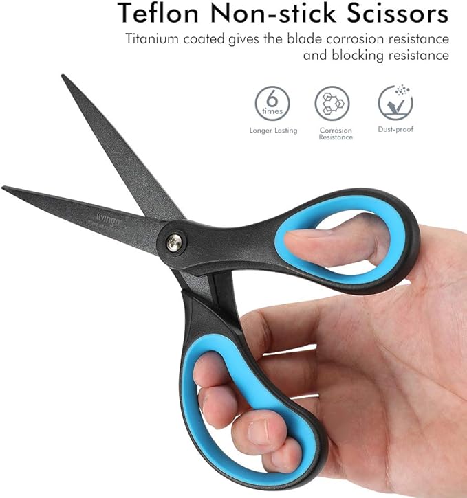 LIVINGO 2 Pack 8" Titanium Non-Stick Scissors, Professional Stainless Steel Comfort Grip, All-Purpose, Straight Office Craft Scissors for DIY(Blue/Black)