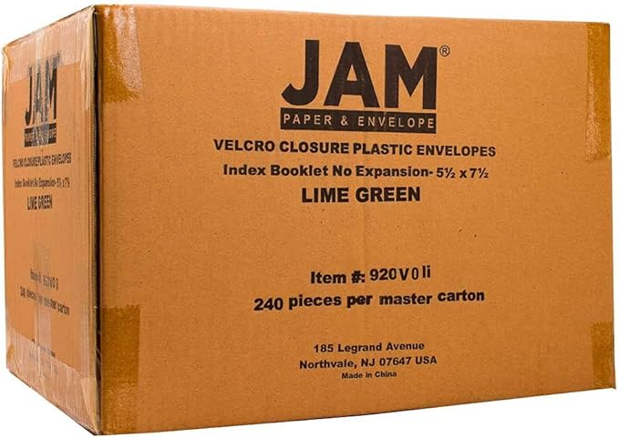 JAM PAPER Plastic Envelopes with Hook & Loop Closure - Index - 5 1/2 x 7 1/2 - Lime Green - 12/Pack