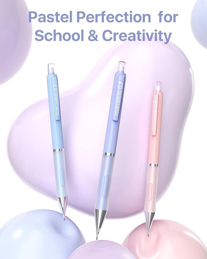 Four Candies Cute Mechanical Pencil Set, 6PCS Pencils 0.5 mm & 0.7 mm & 0.9 mm with 360PCS Lead Refills, Pastel Erasers, Case for School Supplies