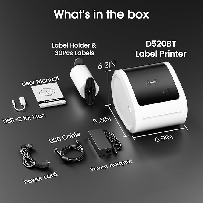 Bluetooth Shipping Label Printer 4x6 - D520BT Bluetooth Thermal Label Printer for Small Business， Shipping Packages, Compatible with USPS, Shopify, Amazon, Tiktok
