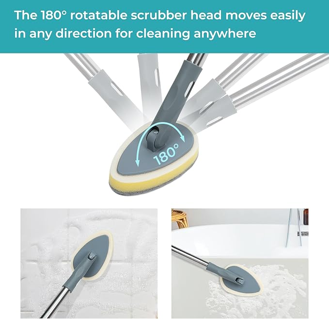 TreeLen Long Handle Shower Bathtub Tub Scrubber with 180° Head & 5 Replaceable Heads -49" Bathroom Cleaning Brush for Bathtub, Tiles, Glass (Non-Scratch Scouring Pads Included)
