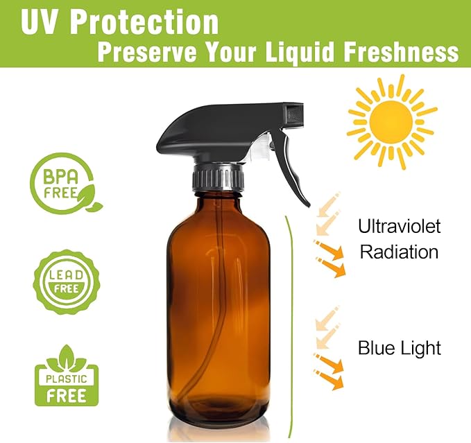 16oz Amber Glass Spray Bottles,2-Pack Refillable Empty Spray Bottl for Cleaning, Hair Care, Plants - Adjustable Nozzl