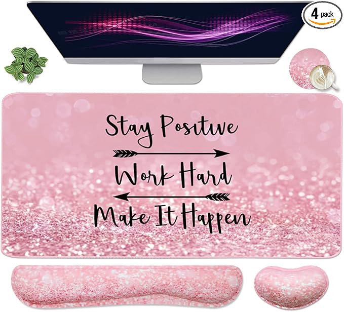 Large Mouse Pad and Keyboard Wrist Rest, Desk Pad for Keyboard and Mouse, 4-in-1 Large Gaming Mouse Pad with Wrist Support, Desk Mat for Home Office Study Game-Pink Stay Positive