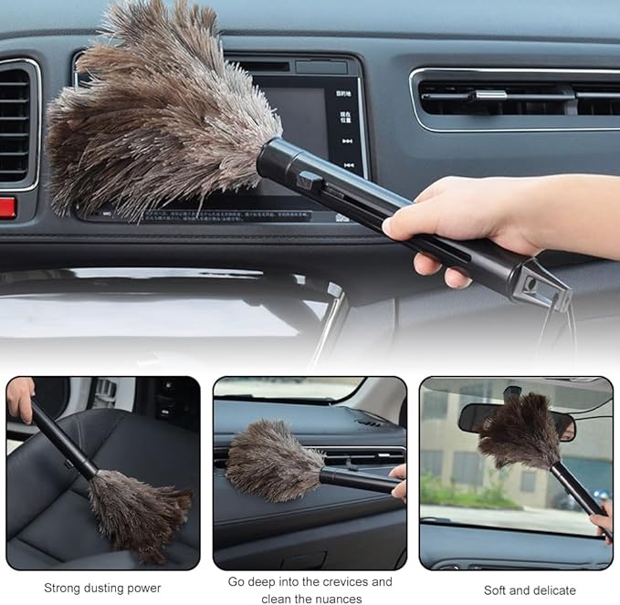 2pcs Feather Duster, Retractable Handle Fluffy and Natural Feather Duster Intrior/Extrior Cleaner for Blinds, Kitchen, Keyboard, Office Cleaning Supplies(Color:Black)