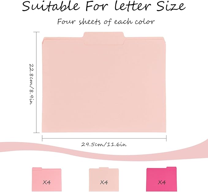 12Pcs Pink File Folders Letter Size Colored Manilla File Folders with 1/3-cut Tabs Decorative File Pockets for Office School Business Home Organizer(12, Pink Series)