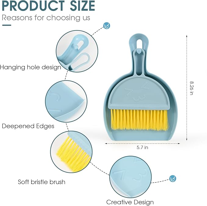 Shaloxar Small Broom and Dustpan Set,mini Compact Portable, for Home, Sofas, Kitchen countertops, Storage Shelves, Office desks, bathrooms, and pet Areas (Blue)