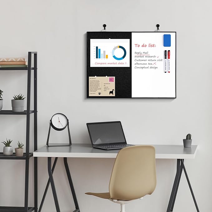 ARCOBIS Cork Board White Board Combo, 24"X18" Linen Bulletin Board Whiteboard for Wall, Double-Sided Magnetic Dry Erase Corkboard for Home, Office, School, Black