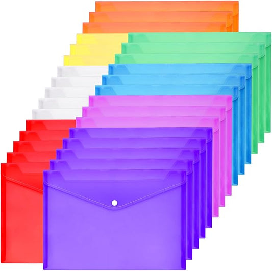 30pcs Plastic Envelopes,Poly Envelopes with Snap Button Closure,Clear Document Folders Letter A4 Size File Envelopes,Plastic File Folders for School Home Work Office Organization,8 Assorted Color (30)