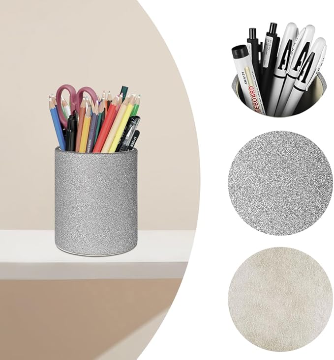 CXLE Pencil Holder Desk Organizer, PU Leather Pen Holder for Desk Decor Organizer Cosmetics Brush Holder for Teachers Students Storage Box Office Classroom(Sliver)