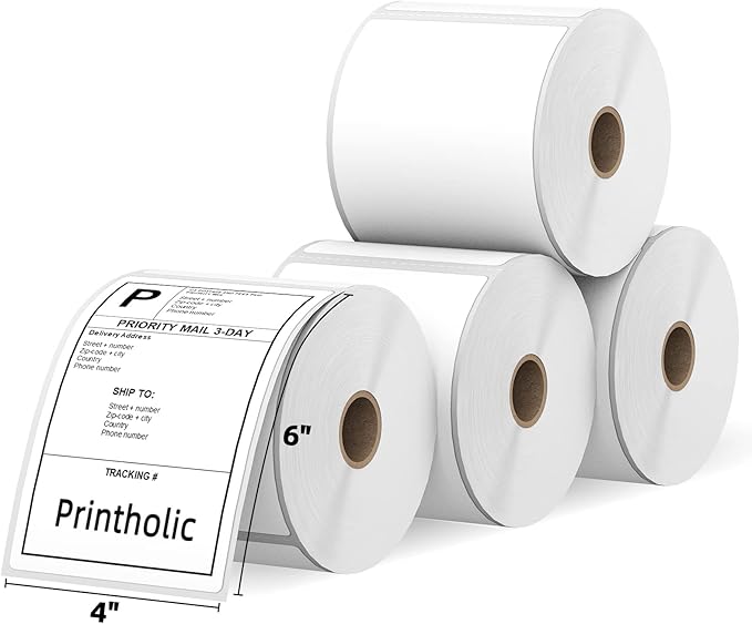 4 Rolls 4" x 6" Direct Thermal Shipping Label Compatible for Zebra 2844 ZP-450 ZP-500 ZP-505 Printers, Permanent Adhesive, Perforated Postage Label Paper - 450 Labels/Roll, 1" Core