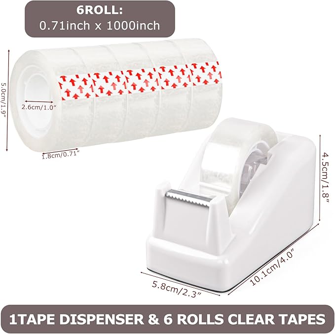 Desktop Tape Dispenser White with Weighted Nonskid Base - Includes 6 Rolls of Transparent Tape (0.71 Inch x 1000 inches Each)