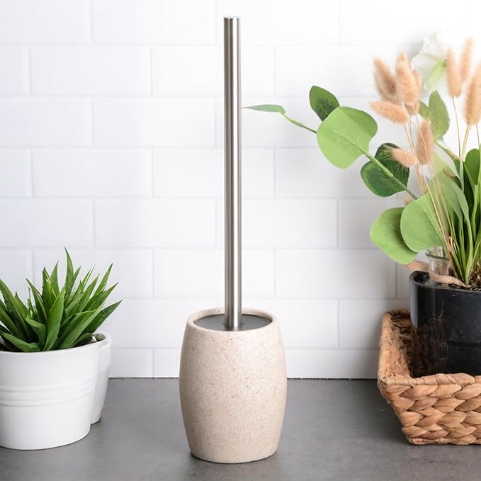 Toilet Bowl Brush and Holder with Stainless Steel Long Handle, Toilet Scrubber Brush with Durable Base, 360° Deep Cleaning Bristles for Bathroom, Compact Set for Small Space (Beige)