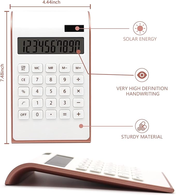 Rose Gold Calculator Office Supplies and Accessories, 10 Digits Solar Battery Basic Office Calculator, Dual Power Desktop Calculator with Large LCD Display, Pink