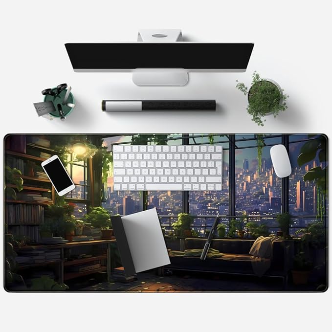 City Skyline Botanical Green Floral Desk Mat Study View from The Window Cute Office Decor Extra Large Mouse Pad Cute Desk Essentials Big Mouse Pad for Desk Pad Accessories Computer Mat 31.5x15.7 in