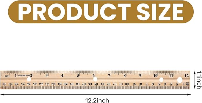 60 Pack Wooden Ruler 12 Inch (30cm) Bulk Wood Measuring Ruler Straight Metal Edge with 4 Holes for School Office Drafting Classroom Supplies, 2 Scale