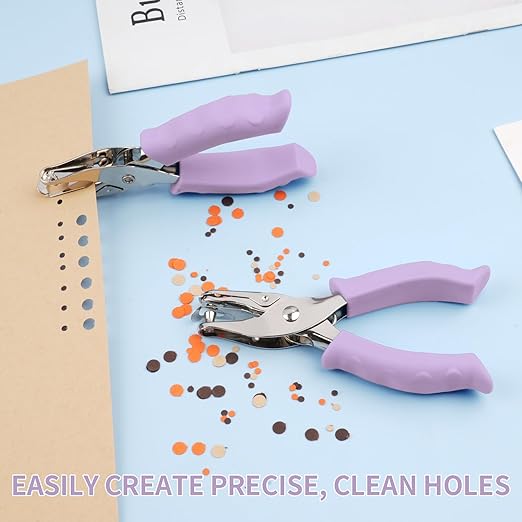 Single Hole Punch, 2 Pcs Hand Hole Puncher with Soft Grip Handle, 1/4" and 1/8" Small Hole Paper Punch for Crafts, Scrapbooks, 6 Sheets Capacity, Tags, Tickets - Purple