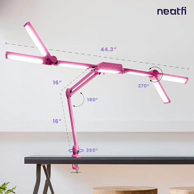 Neatfi (New Model) 3,000 Lumens LED Desk Lamp, Dimmable, 360 SMD LEDs, 30W, CRI 95, Adjustable Light Modes, Task Lamps for Home Office, Study Lamp, Desk Light Bar (CCT with Clamp, Pink, 44 Inches)