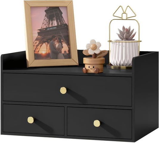 Bamboo Desk Organizer with Drawers Wooden Desktop Storage Organization Box for Bills Office Supplies Kitchen Utensils Organizing Tool for Home Classroom Vanity, No Assembly Required (3 Drawers, Black)