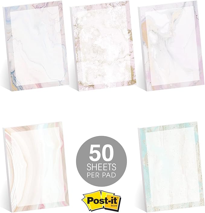Marble Quartz Sticky Note Pads / 4" x 6" Repositionable Subtle Pastel Sticky Notes / 5 Elegant Designs / 50 Sheets Per Pad Set of 5 / Made in USA