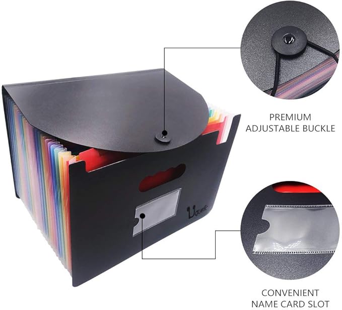 Uquelic 24 Pocket Expanding File Folder with Cover - Large Plastic Rainbow Expandable File Organizer Self Standing Accordion A4 Document Folder Wallet Briefcase Business Filing Box