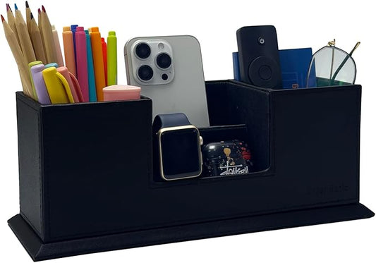 UnionBasic Desk Organizer, Desktop Caddy Leather Multi-compartment Pen Holder Office Stationer Organizer, Black