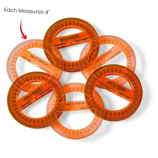 hand2mind Clear 4” Safe-T 360 Degree Protractor Set, Circle Protractor for School, Clear Plastic Protractor Ruler, Geometry Tools, Protractors Bulk for Classroom, Math Teacher Supplies (Set of 24)