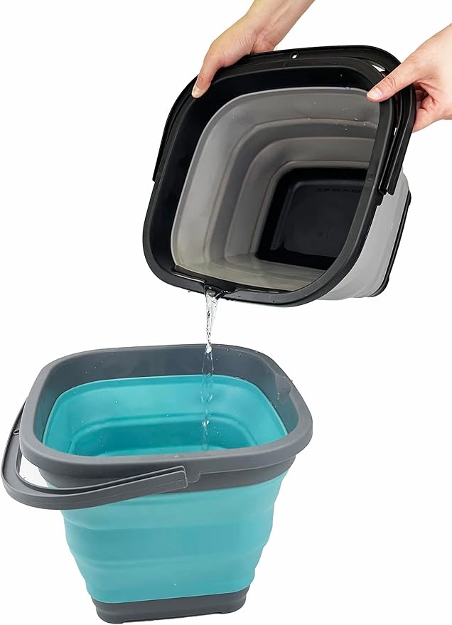 SAMMART 10L (2.6 Gallon) Collapsible Rectangular Handy Bucket (Alloy Grey + Crystal Blue (Set of 2))