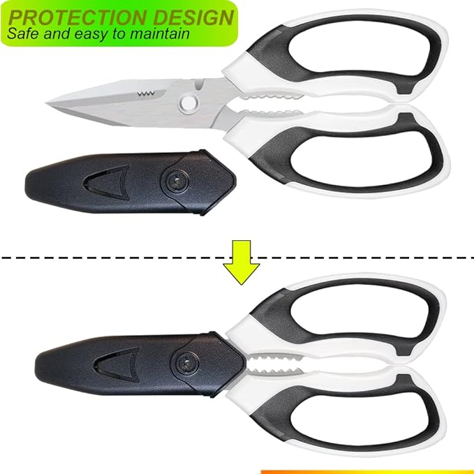 Heavy Duty 8'' Multipurpose Scissors with Protective Cover, Stainless Steel Serrated Blades, Easy Cutting Cardboard, Leather, Fabric, Wires, White