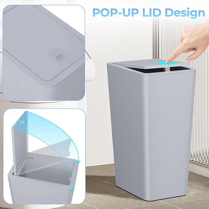 4 Gallon Bathroom Small Trash Can with Lid, 15L Slim Garbage Bin Wastebasket with Pop-Up Lid for Bedroom, Office, Kitchen, Dorm, Fits Under Desk